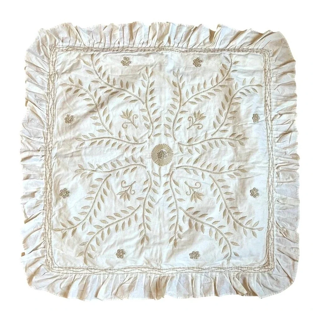 Pottery Barn Euro Pillow Shams Pair Cream Cotton Embroidered Ruffle Farmhouse